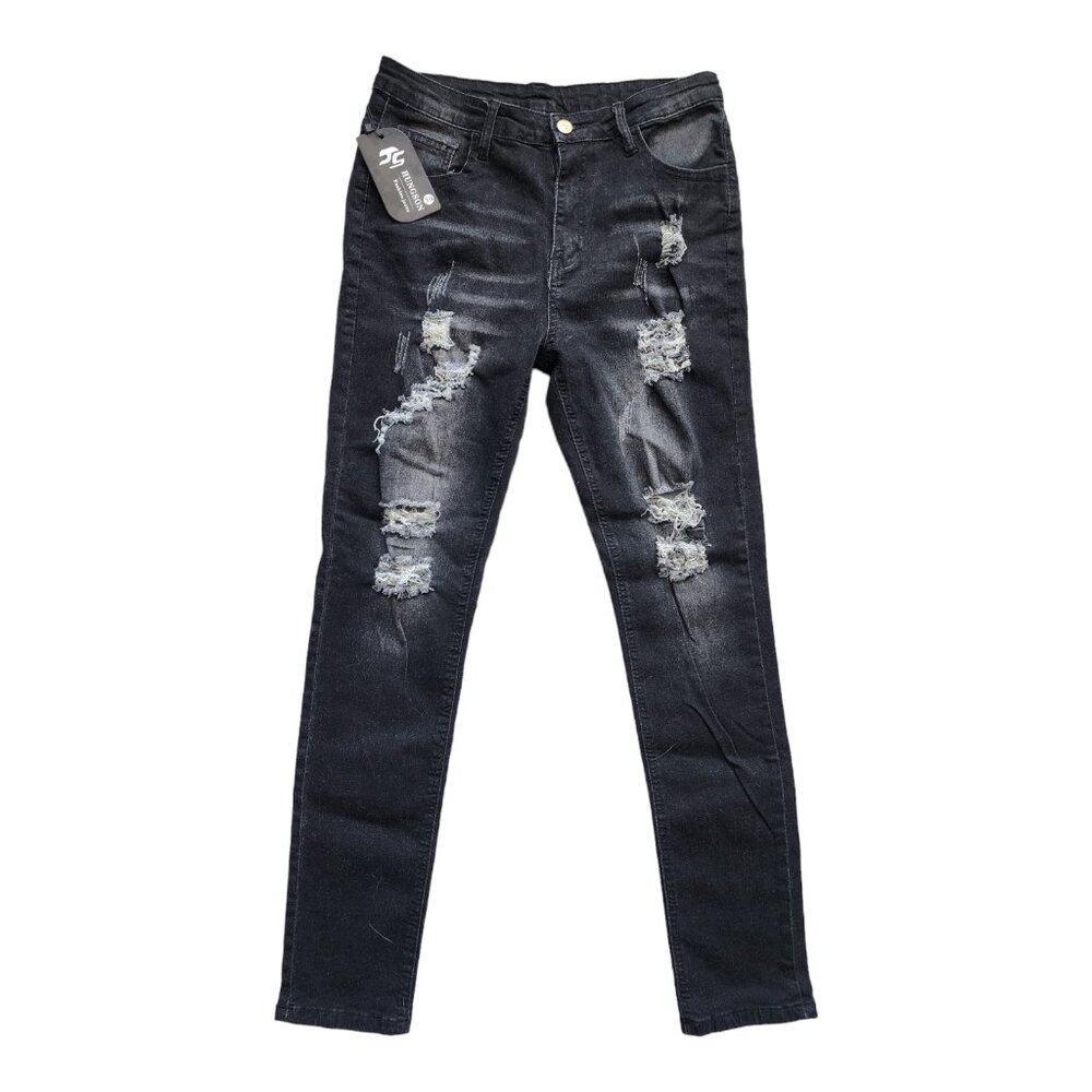 HUNGSON Men's Distressed Stretchy Ripped Skinny Jeans Slim Denim Pants Black 30